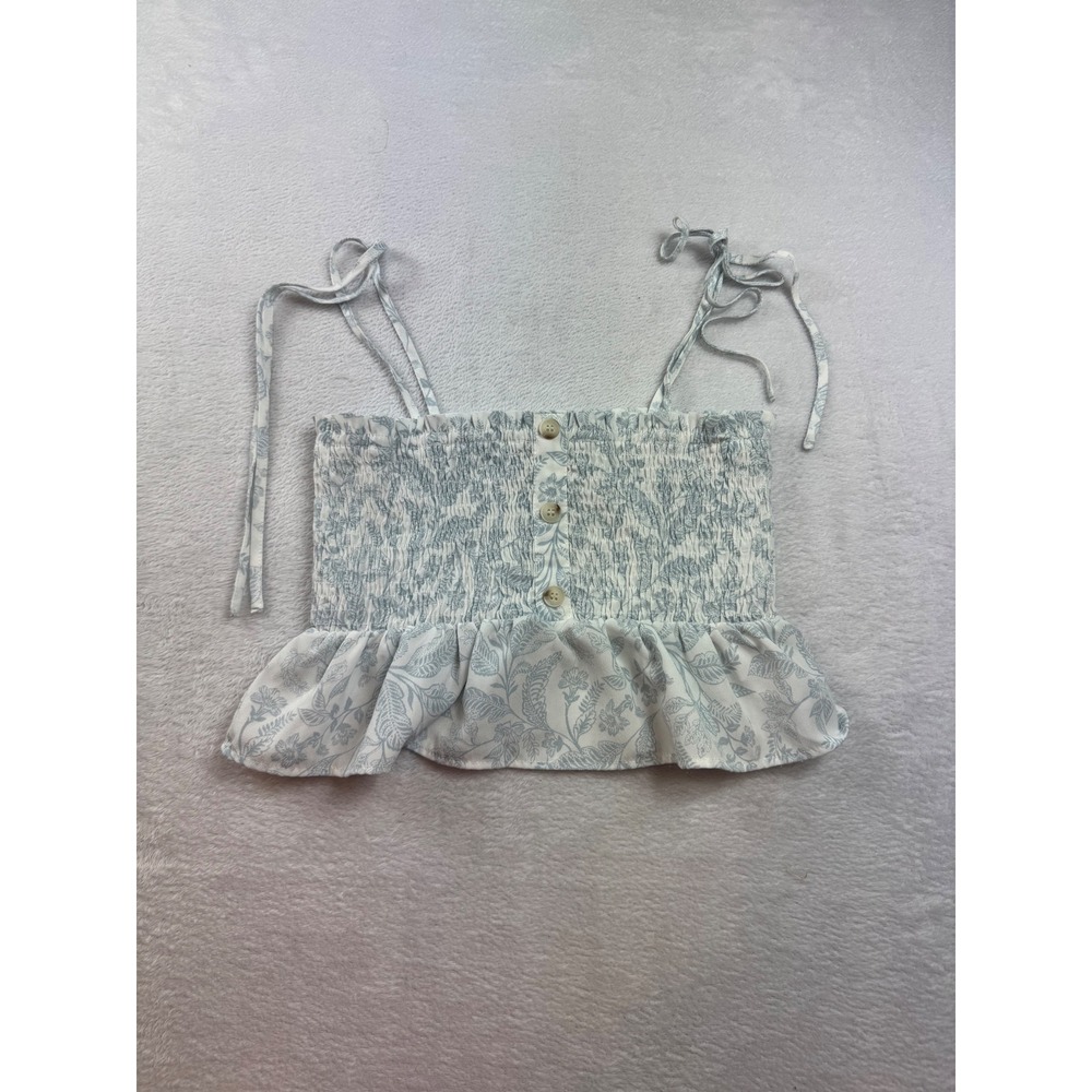 Paper Crane Blue Floral Smocked Peplum Crop Top Tie Strap Small Coquette girly